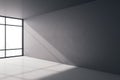 Stylish empty room with sunny light on concrete floor, big window and dark ceiling and blank wall. 3D rendering, mockup Royalty Free Stock Photo