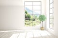 Stylish empty room in white color with summer landscape in window. Scandinavian interior design. 3D illustration