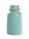 Stylish empty turquoise ceramic vase isolated