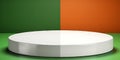 Stylish empty white gray podium for display product in front of an green orange wall