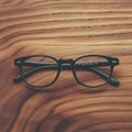 Stylish eyeglasses with black frames set against natural wooden background