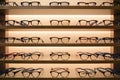 Stylish eyeglasses neatly arranged on a well lit store shelf