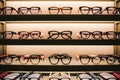 Stylish eyeglasses neatly arranged on a well lit store shelf