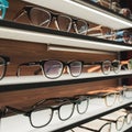 Stylish eyeglasses neatly arranged on a well lit store shelf