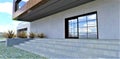 Stylish family home porch design. Concrete wide steps to the glass hinged front door. White brick as a wall decoration material.