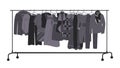 Stylish fashion black clothes on hanger. Flat dress, skirt and pants, jacket and scarf. Female outfits, wardrobe vector