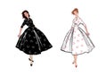 Stylish fashion dressed girls 1950`s 1960`s style: Retro fashion dress party. Summer clothes vintage woman fashion silhouette