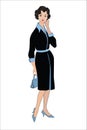 Stylish fashion dressed woman 1960`s style: Vintage fashion silhouettes from 60s. Elegant businesswoman. Office fashion dress