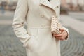 Stylish fashion handbag in a hand. Fashionable woman in a coat