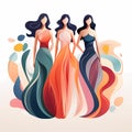 Stylish fashion models. Three women with long flowing dresses in the colors blue, orange, and red. Royalty Free Stock Photo