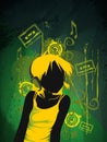 Stylish fashion teenager wearing a top and headphones listening to dj music dancing with green background lights. Young teen girl Royalty Free Stock Photo