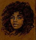 Stylish fashionable art portrait of black woman on brown background. Hand-drawn woman`s face on craft paper. Classic drawing