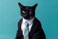 Stylish fashionable business cat in a black jacket and tie on a blue pastel background in the studio.