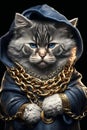 stylish fashionable cat rapper in gold chains. Generative AI illustration