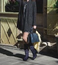 Stylish fashionable woman in dark blue suede boots and dress. Girl in winter boots with leather bag on the street Royalty Free Stock Photo