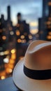 Stylish fedora hat with city skyline and bokeh lights at dusk