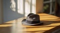 A stylish fedora hat resting on a light wooden table Royalty Free Stock Photo