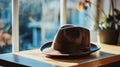 A stylish fedora hat resting on a light wooden table Royalty Free Stock Photo