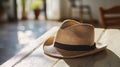 A stylish fedora hat resting on a light wooden table Royalty Free Stock Photo