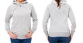 Stylish female body in hoodie front and back view - woman girl in grey sweatshirt mockup isolated on white background