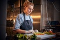 Stylish female chef standing in a kitchen next to cutting board, slicing vegetables, wearing apron and shirt, posing for Royalty Free Stock Photo