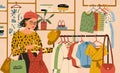 Stylish female choosing clothes in boutique vector flat illustration. Fashionable woman buyer holding apparel on hanger
