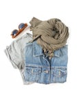 Stylish female clothes set. Woman/girl outfit on white background. Blue denim jacket, gray t-shirt, scarf and retro sunglasses. Fl Royalty Free Stock Photo