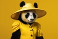 stylish panda in a yellow dress hat Royalty Free Stock Photo