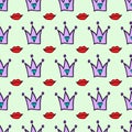 Stylish female seamless pattern drawn by hand. Cute print with allover diamond, crowns and lips. Vector illustration.