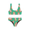 Stylish female swimsuit. Fashionable swimwear with tropical fruit pattern. Bikini top and bottom. Flat colorful vector