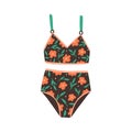 Stylish female swimsuit. Fashionable women swimwear with floral pattern. Bikini top and bottom. Flat colorful vector