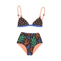 Stylish female swimsuit. Fashionable women swimwear with floral pattern on panties and polka dot on triangle cups