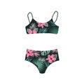 Stylish female swimsuit with floral tropical fruit pattern. Fashionable swimwear. Bikini top and bottom. Flat vector