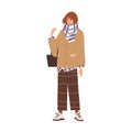 Stylish female wrapped in warm scarf standing with handbag vector flat illustration. Trendy girl demonstrate winter