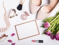 Stylish feminine accessories of beige color and blank paper with Royalty Free Stock Photo