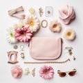 Stylish Feminine Accessories Flat Lay. AI