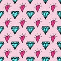 Stylish feminine seamless pattern drawn by hand. Cute print with repeating diamonds and hearts. Doodle.