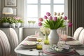 Stylish festive Easter table in a tidy and stylish home interior