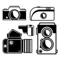 Stylish film photo cameras set. Analog retro photo cameras sketch, flat doodle style. Simple hand drawn vector illustration. Royalty Free Stock Photo