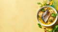 Stylish Fish Noodle Soup On Yellow Plate - Top View Food Photography Royalty Free Stock Photo