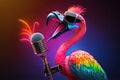 Stylish Flamingo Singer Holding Mic With Open Mouth On A Stage. Generative AI