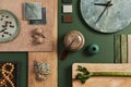 Stylish flat lay composition of creative architect moodboard design with samples of building, textile and natural materials.