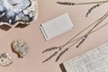 Stylish flat lay composition of creative interior with mock up visit cards, textile, rocks, wood, natural materials, dry plants.