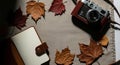 Vintage Camera and Blank Notebook with Autumn Leaves Flat Lay for Copy Space Royalty Free Stock Photo