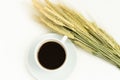 a cup of black coffee and a bouquet of dry wheat Royalty Free Stock Photo