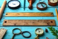 Stylish flat lay of ruler and stationery against soft blue backdrop for creative projects Royalty Free Stock Photo
