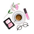 Stylish flat lay set with coffee cup, cosmetics, eyeglasses and flower. Royalty Free Stock Photo