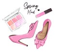 Stylish flat lay set with pink shoes, eye shadows and lipstick. Fashion illustration.