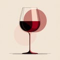 Elegant flat vector illustration of a wine glass with red wine and abstract red circles. Royalty Free Stock Photo