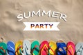 Stylish flip flops on beach, flat lay. Summer Party